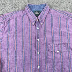 VTG Woolrich Shirt Mens XL Purple Striped Short Sleeve Lightweight Retro Cotton